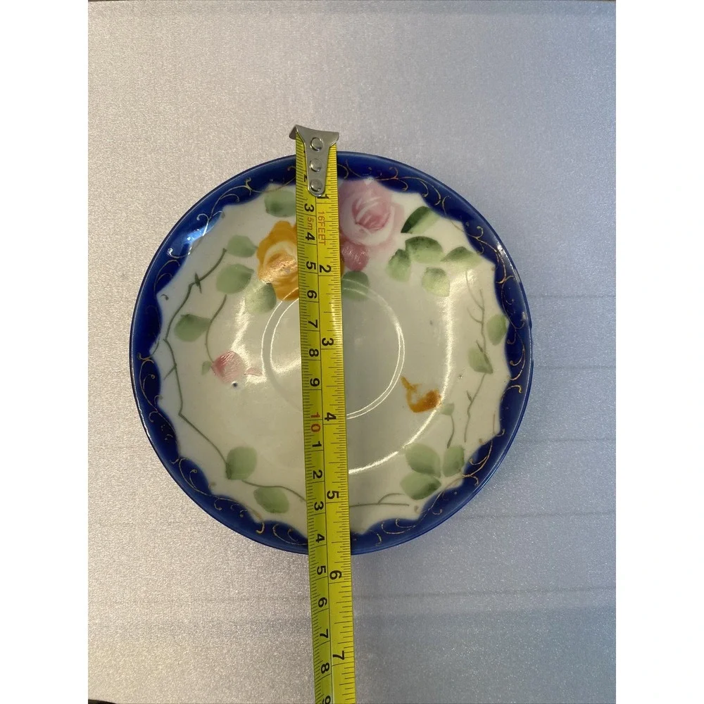 Hand Painted Japan Porcelain Tea Cup Saucer Moriage Cobalt Pink/Orange Flower